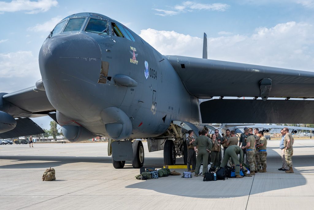 Aircrew from the 20th Bomb Squadron, Barksdale Air Force Base, La., brief maintainers from Barksdale AFB about any potential maintenance concerns on the B-52H S