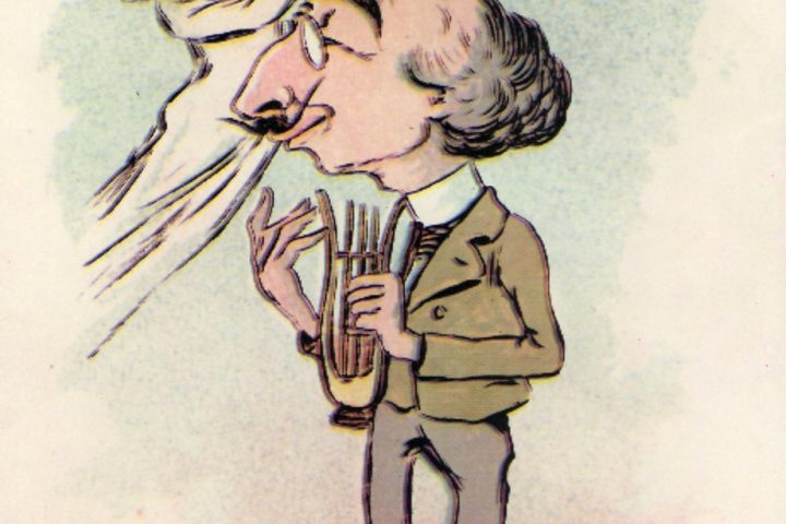 Alexandru Macedonski (caricatură din Albumul Contemporani).Poet ce muza te răsfață / în Bronzes, volumul tău recent / Te arătași prea decadent / Arama dându-ți-
